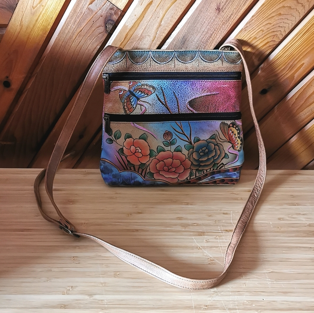 Anuschka “Butterflies & Roses” Hand-Painted Leather Crossbody Bag - Picture 2 of 8